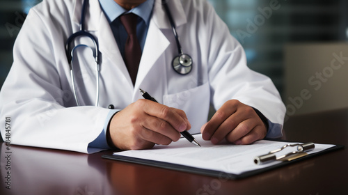 Closeup of male doctor writing on clipboard while sitting at his working place