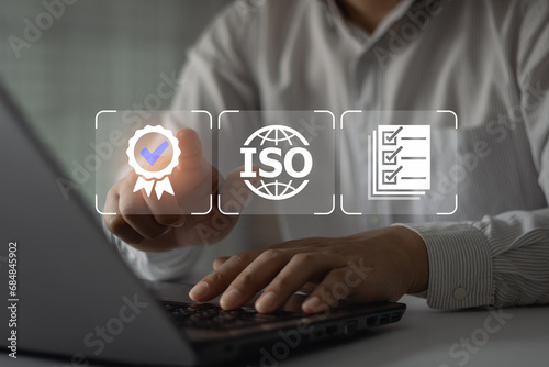 ISO standards quality control. Certification and standardization process, iso certified business, conformity to international standards and quality assurance concept. Person touching certificate icon.