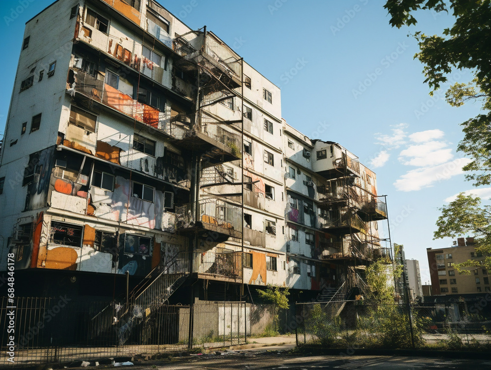 A deteriorated and cramped public housing complex with numerous residents struggling with poor living conditions.