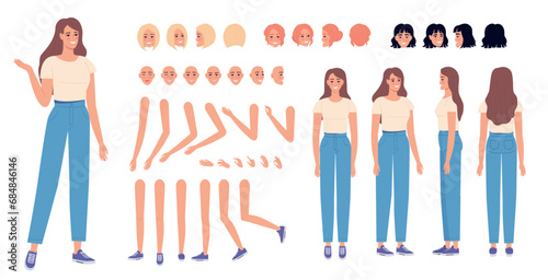 Cute girl constructor. Vector set elements for creating a modern female character