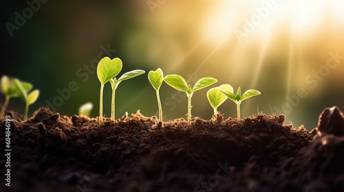 The seedling are growing from the rich soil to the morning sunlight that is shining, ecology concept. wide panoramic banner