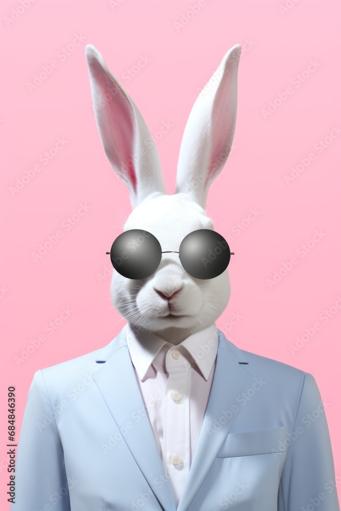 Modern easter bunny in blue suit and sunglasses, with pink pastel background. Fashion modern Easter bunny. Holiday concept.