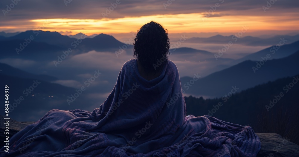 Serene mountain repose: girl finding tranquility in nature's embrace, panoramic relaxation amid breathtaking landscapes. - obrazy, fototapety, plakaty 