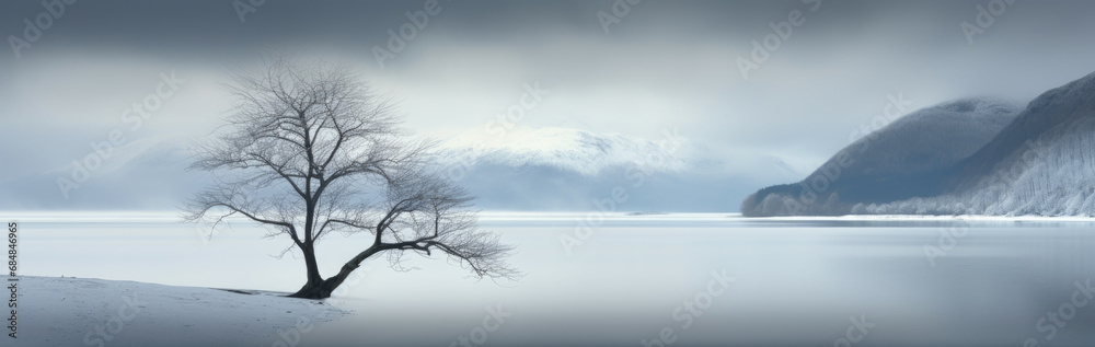 Fototapeta premium Minimalist landscape of lone tree by frozen river in winter, wide banner of snowy lake and sky background, peaceful nature. Concept of art, snow, beauty, minimalism, calm
