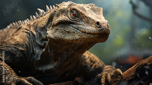 Portrait of monitor lizard like Komodo dragon in green forest  big wild reptile as ancient dinosaur in jungle. Concept of wildlife  nature  animal skin  Indonesia  wilderness