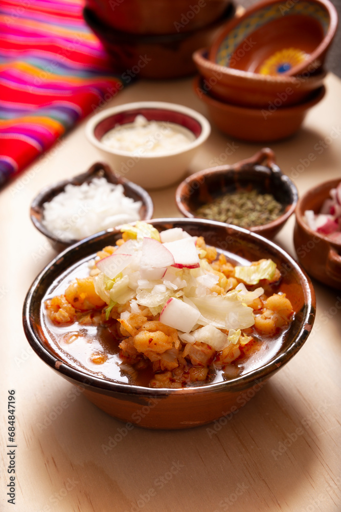 Pozole. Traditional mexican soup very popular in mexico and neighboring countries. Made from cacahuazintle corn with meat and other ingredients depending on the region. Pozole. Traditional mexican soup very popular in mexico and neighboring countries. Made from cacahuazintle corn with meat and other ingredients depending on the region.