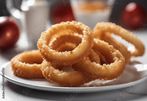 Tasty onion rings on a plate fast food on white ceramic plate close up