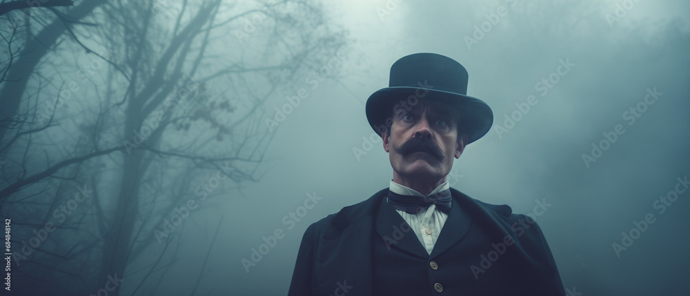 Victorian murder mystery. A detective in the fog searching for clues in London. In the style of a panoramic movie still. - obrazy, fototapety, plakaty 