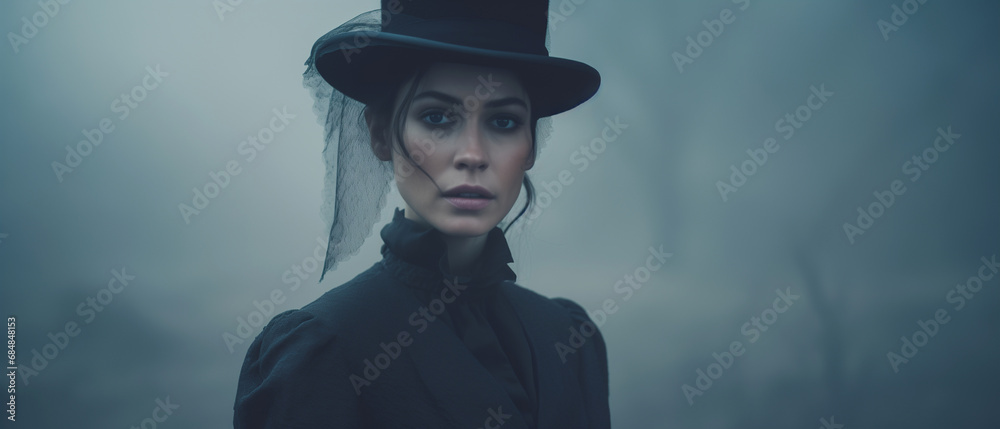 Victorian murder mystery. A detective in the fog searching for clues in London. In the style of a panoramic movie still. - obrazy, fototapety, plakaty 