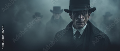 Victorian murder mystery. A detective in the fog searching for clues in London. In the style of a panoramic movie still. photo