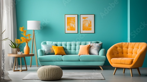 Farmhouse interior Living Room with Turquoise color theme