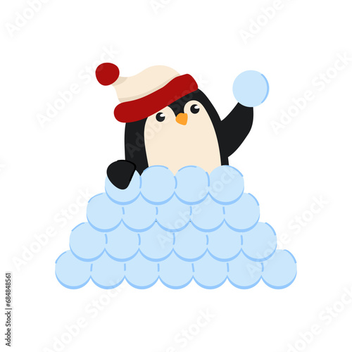 Cute cartoon style vector illustration of a penguin playing snowballs. Christmas animal.