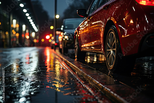 A red car parked on the side of a wet street created with generative AI technology