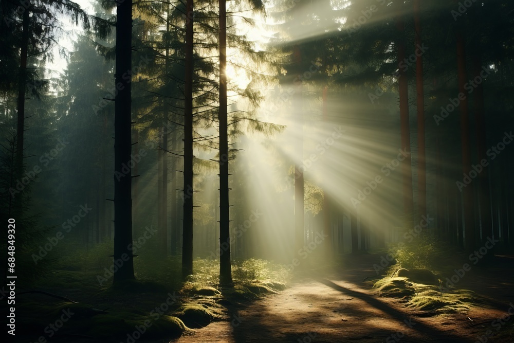 Captivating sunbeams filtering through a mystical misty forest, casting mesmerizing sunlight rays