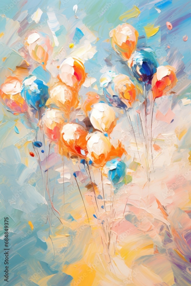 Metaphorical associative card on theme of celebrate. Bright balloons in sky. In style of impressionism and oil painting. Psychological abstract picture. Postcard, wall decoration, book illustration