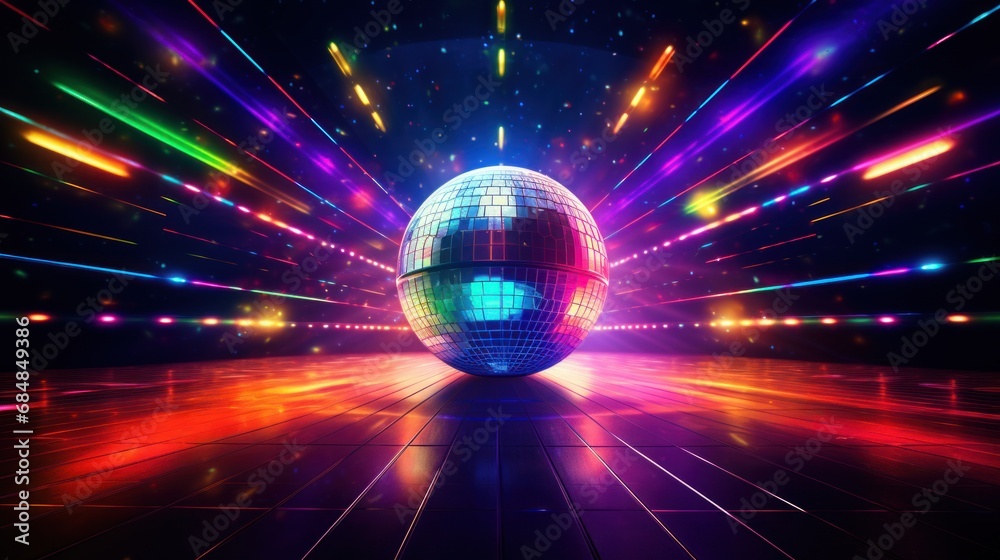 Glowing Disco Ball in a Vibrant Nightclub. Disco Ball Reflecting Neon Lights. Retro-Future Party. Modern Club. Futuristic Dance Floor. Glowing Disco Ball in a Vibrant Nightclub. Disco Ball Reflecting Neon Lights. Retro-Future Party. Modern Club. Futuristic Dance Floor.