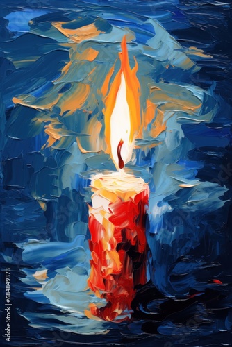 Burning candle. Metaphorical associative card on theme of Fire giving light. In style of impressionism and oil painting. Psychological abstract picture. Postcard, wall decoration, book illustration