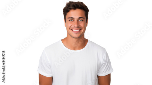 A young handsome man with a happy face smiling and looking at the camera, isolated on transparent background