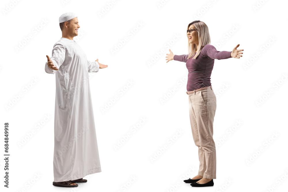 Young woman meeting a muslim man in ethnic clothes Young woman meeting a muslim man in ethnic clothes