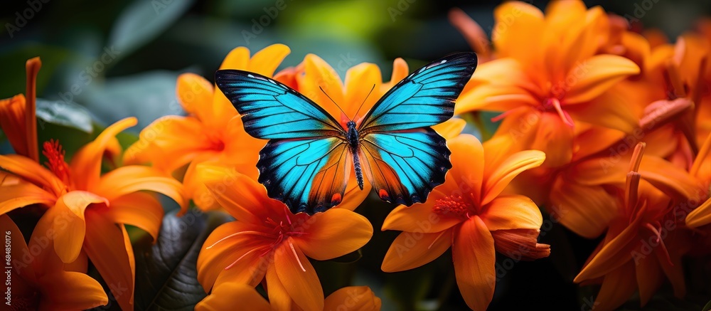 In the nature-filled garden, a colorful butterfly, resembling a miniature peacock, fluttered amidst the tropical blooms, its vibrant orange wings contrasting with the lush green leaves. The exquisite In the nature-filled garden, a colorful butterfly, resembling a miniature peacock, fluttered amidst the tropical blooms, its vibrant orange wings contrasting with the lush green leaves. The exquisite