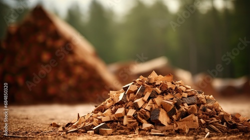 In the timber industry, waste wood chips are converted into bioenergy using advanced biomass technology, benefiting both the environment and the natural ecosystem through eco friendly recycling of photo