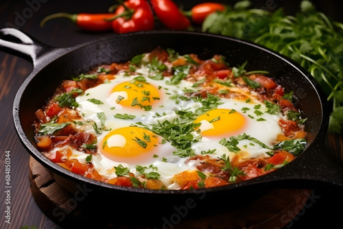 frying pan with shakshuka on a wooden table