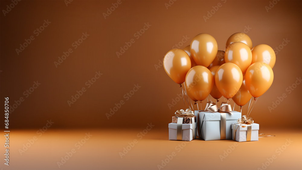 Orange balloons flying with white gift boxes with golden bows and ribbon, with copy space