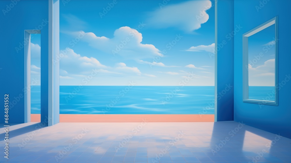 Empty beach front room, surreal perspective architecture simplicity - calm ocean blue sky view - minimalist freedom.