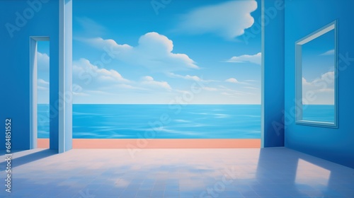 Empty beach front room, surreal perspective architecture simplicity - calm ocean blue sky view - minimalist freedom. © SoulMyst