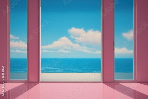 Empty pink room with balcony and tall windows - calming ocean blue sky view - idyllic lucid dreamscape - minimalist Architecture - tranquil design style with surreal simplicity. © SoulMyst