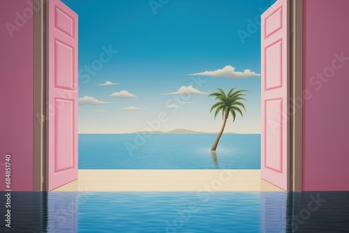 Surreal dreamscape of vivid blue sky and calm ocean with a palm tree.