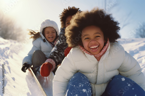 Laughing African American black children slide down the slide and play in the winter among the white snow.