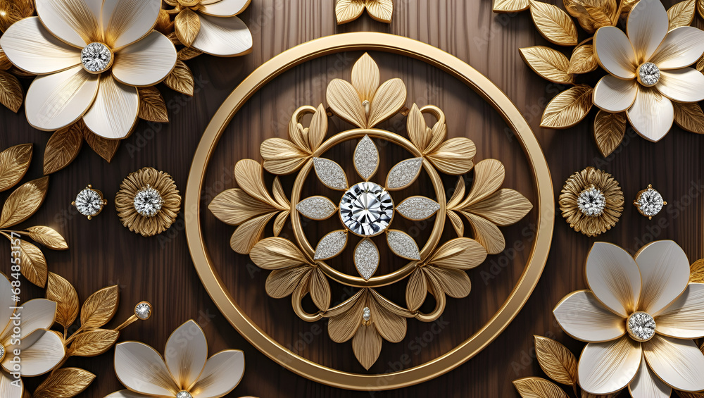 golden ornament on a wall,
Beautiful flowers in golden circle,
Beautiful flowers, Golden circle,