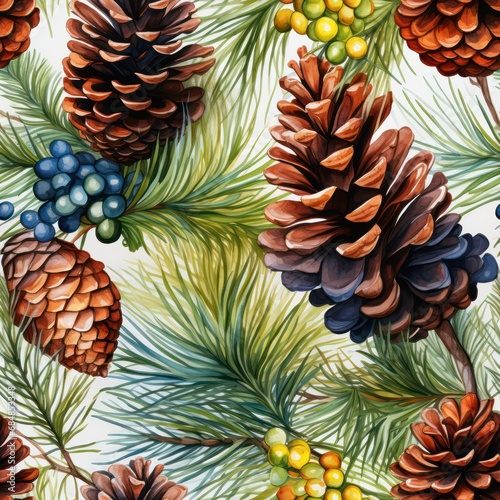 Vivid Watercolor Pine Cones Seamless Pattern AI Generated