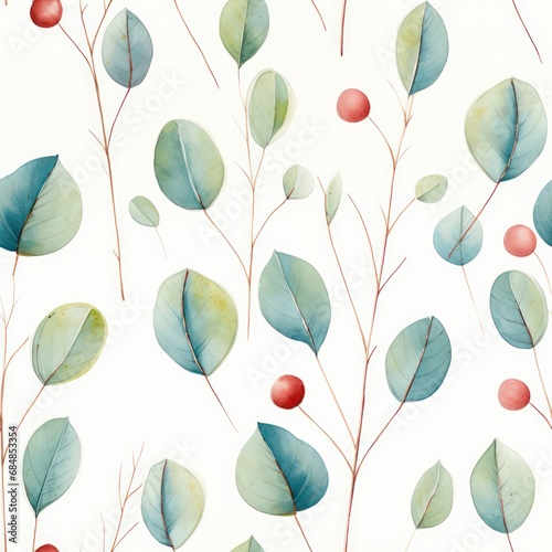 Vivid Watercolor Eucalyptus Leaves Seamless Pattern AI Generated