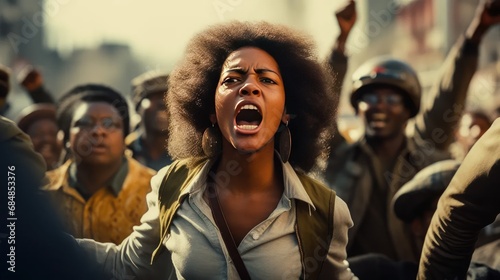 Woman walking in protest with a group of people. Call for freedom. Protest