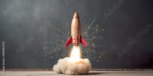 Rocket made with recycled materials taking off, blackboard background, concept of intelligence, undertake project photo