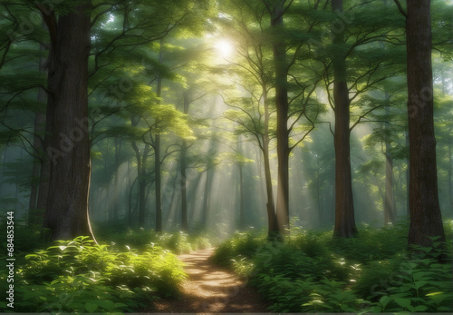 Summer Green dense forest, rays of sunlight seeping through the foliage © A_A88