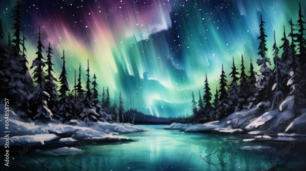Captivating Watercolor Northern Lights over a Frozen Lake AI Generated