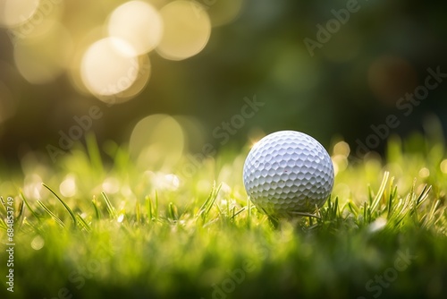 Golf Ball on Tee with Green Bokeh Background, Ideal for Sports Photography and Golf Enthusiasts
