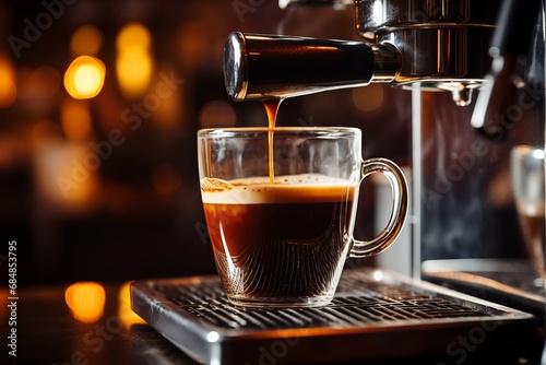 Professional Coffee Machine Close-up Brewing Freshly Ground Coffee into Transparent Glass Cup