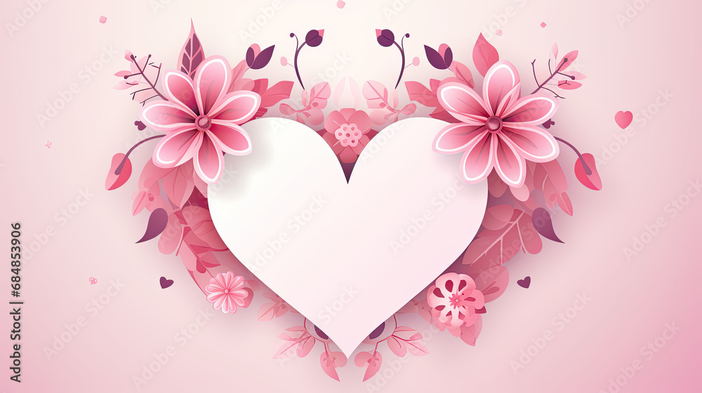 Valentine vector pink color, heart in center with flowers circling around, white background.
