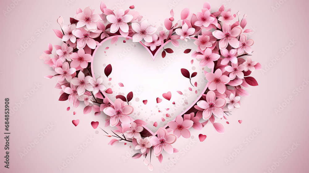 Valentine vector pink color, heart in center with flowers circling around, white background.