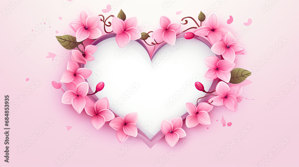 Valentine vector pink color, heart in center with flowers circling around, white background.