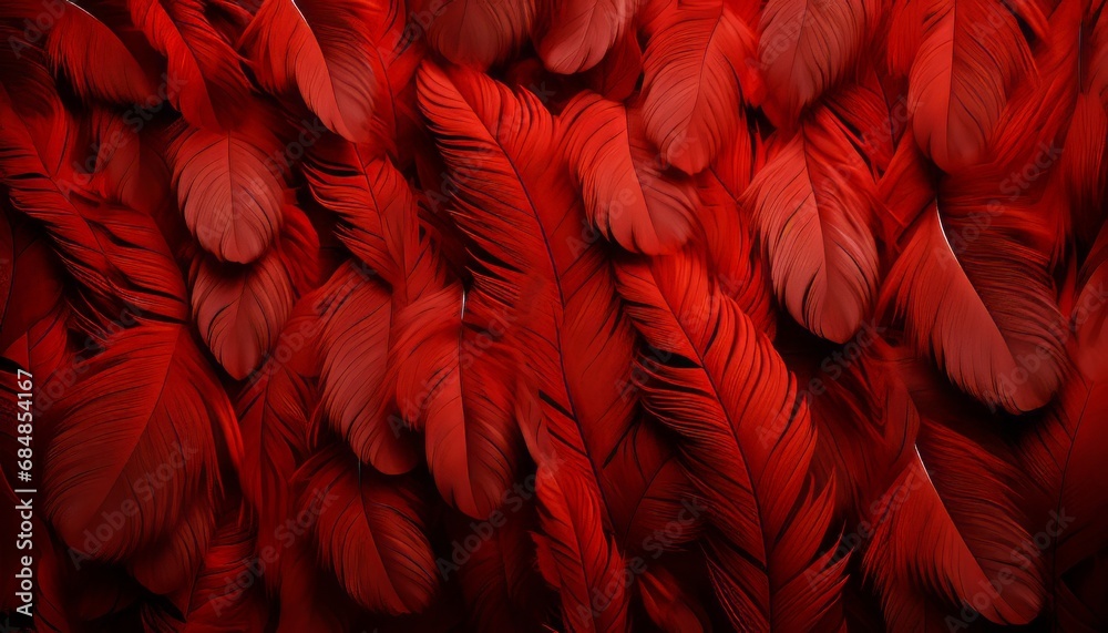 Detailed red feathers texture background  digital art with elaborate feathers of large birds - obrazy, fototapety, plakaty 