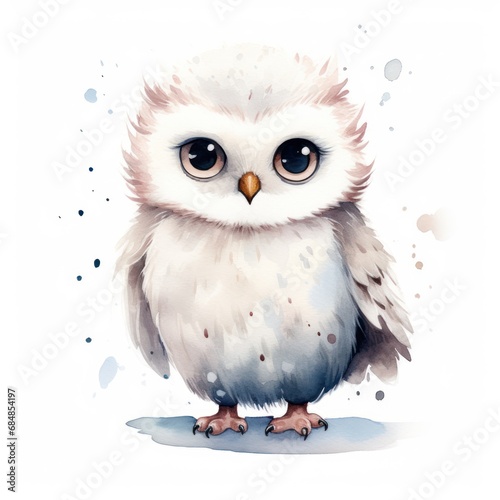 Watercolor cute owl on white background. Hand-drawn illustration. Generative AI