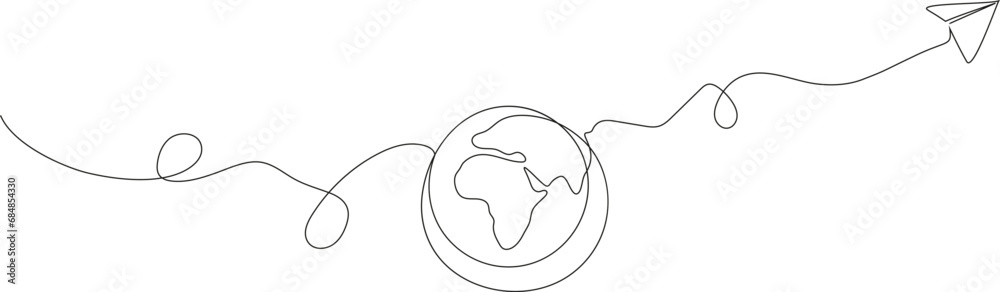 One line art drawing plane and globe. World traveler Concept. Single line draw design vector graphic illustration.