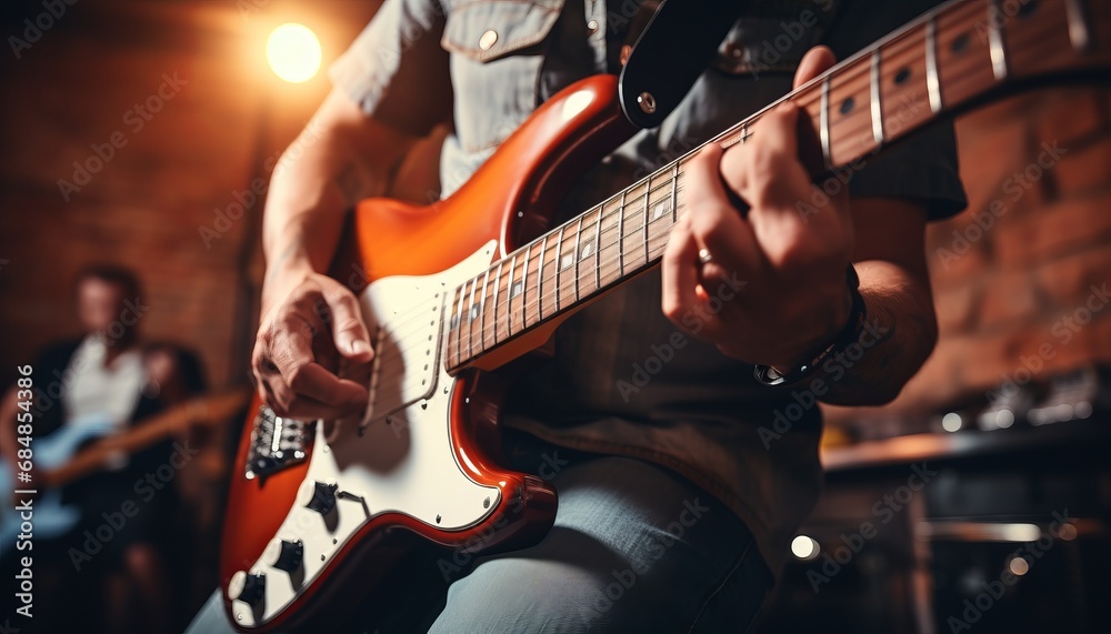 Obraz premium Energetic music band performing on concert stage with guitarist, creating electrifying atmosphere