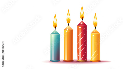 Illustraition of four colorful candles with white background, warmth and anticipation of the Advent season. Advent or birthday celebration, countdown to Christmas