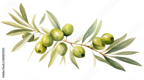 Olive branch with green olives. Hand drawn watercolor illustration Generative AI